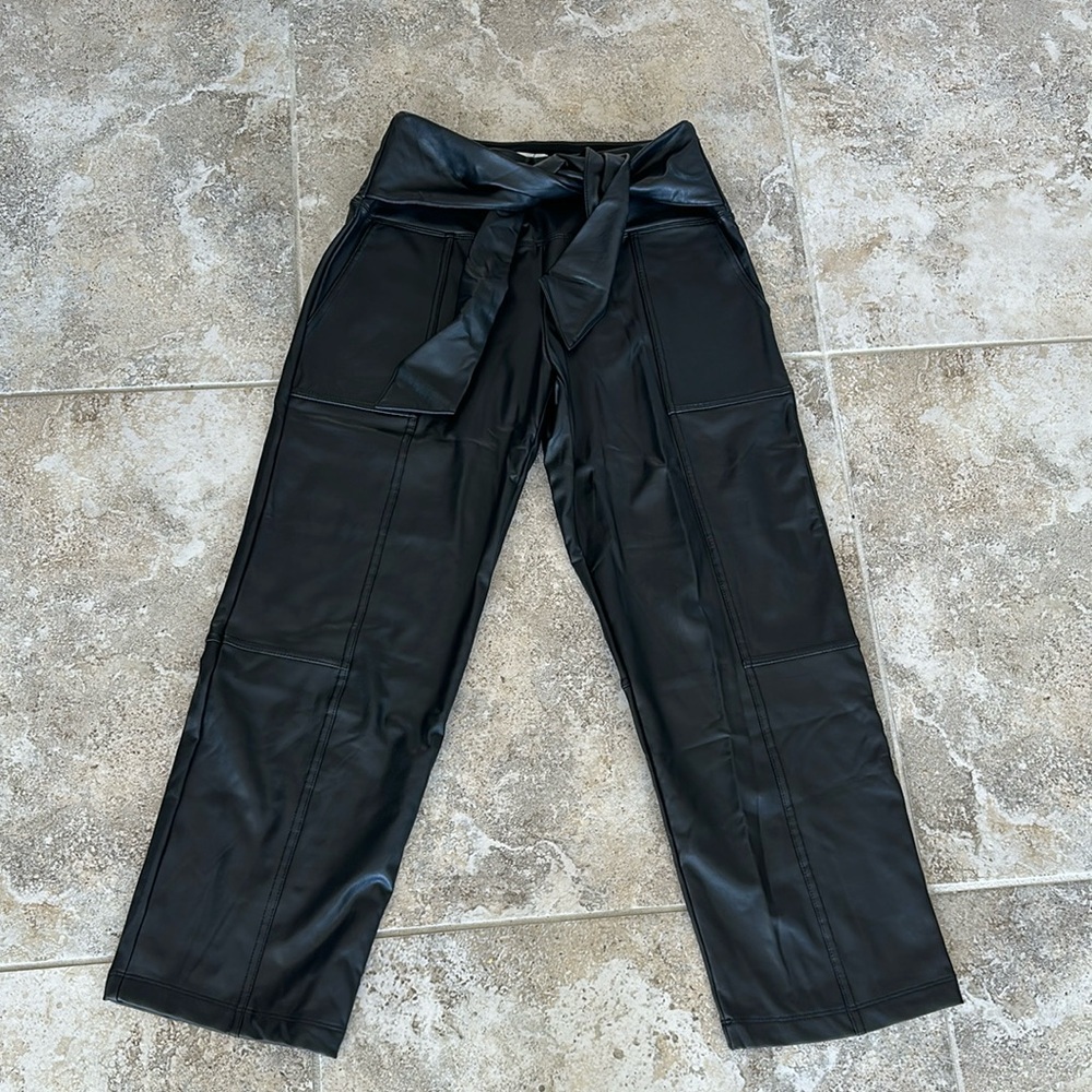 Nicole Miller Faux Leather Strait Leg Ankle Pants with Waist Tie Women’s S